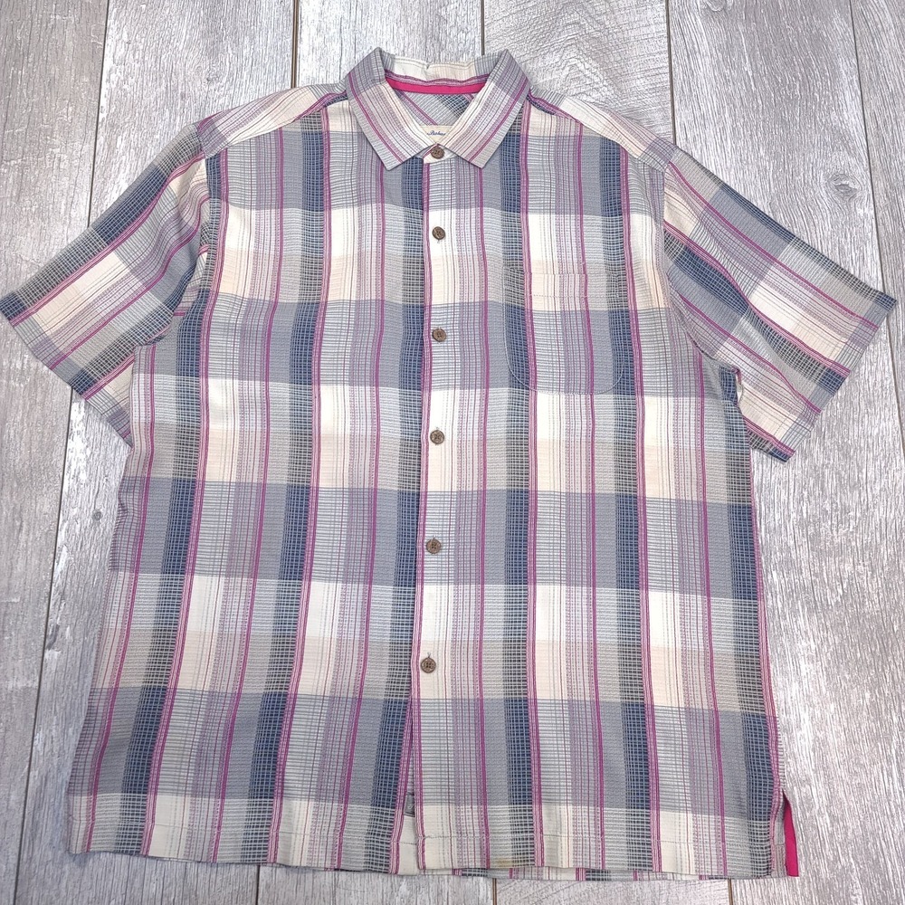 Tommy Bahama Shirt Mens Large Original Fit Plaid Silk Short Sleeve Travel Top